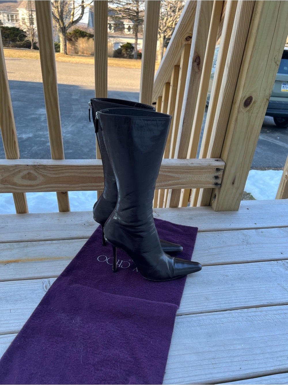 Brown Leather Pointed-Toe Mid-Calf Boots